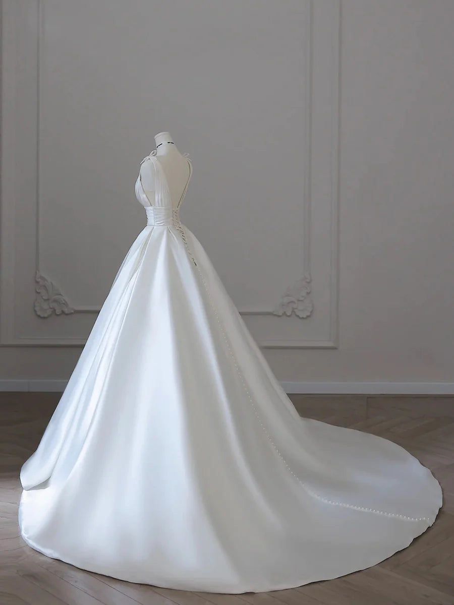 White V-Neck Satin Long Formal Dress, Elegant A-Line Wedding Party Dress TP941