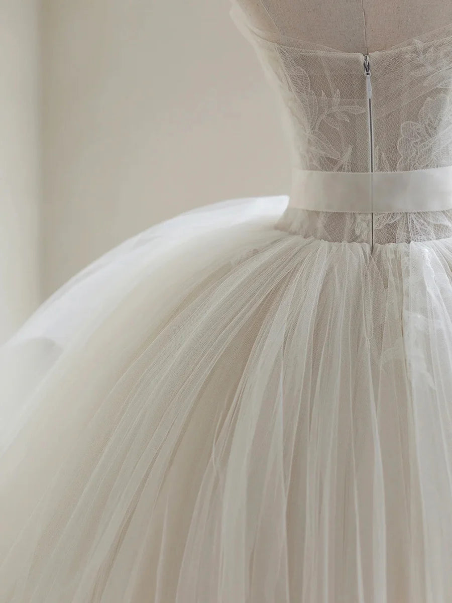 Light Champagne Ball Gown Tulle Sweetheart Long Prom Dress, Beautiful Formal Dress Sweet 16 Dress TP944