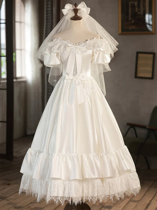Vintage White Satin Lace Off-the-Shoulder Wedding Dress TP946
