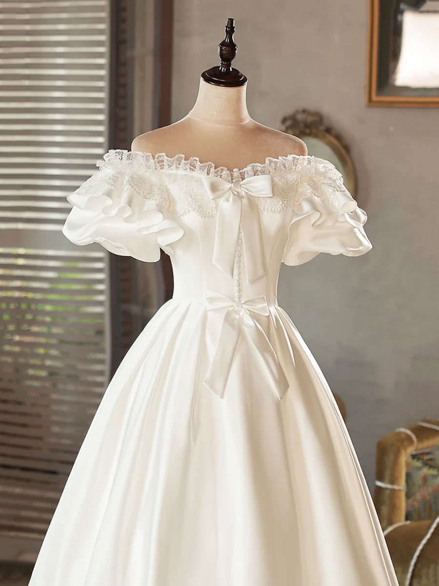 White Satin Lace Short Prom Dress, White Evening Dress, Wedding Dress TP947
