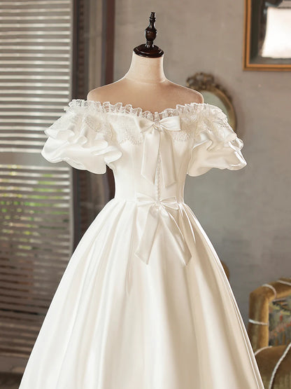 White Satin Lace Short Prom Dress, White Evening Dress, Wedding Dress TP947