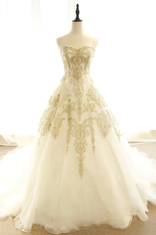 Long Champagne Strapless Tulle Lace Prom Dress, A-Line Evening Dress with Train TP950