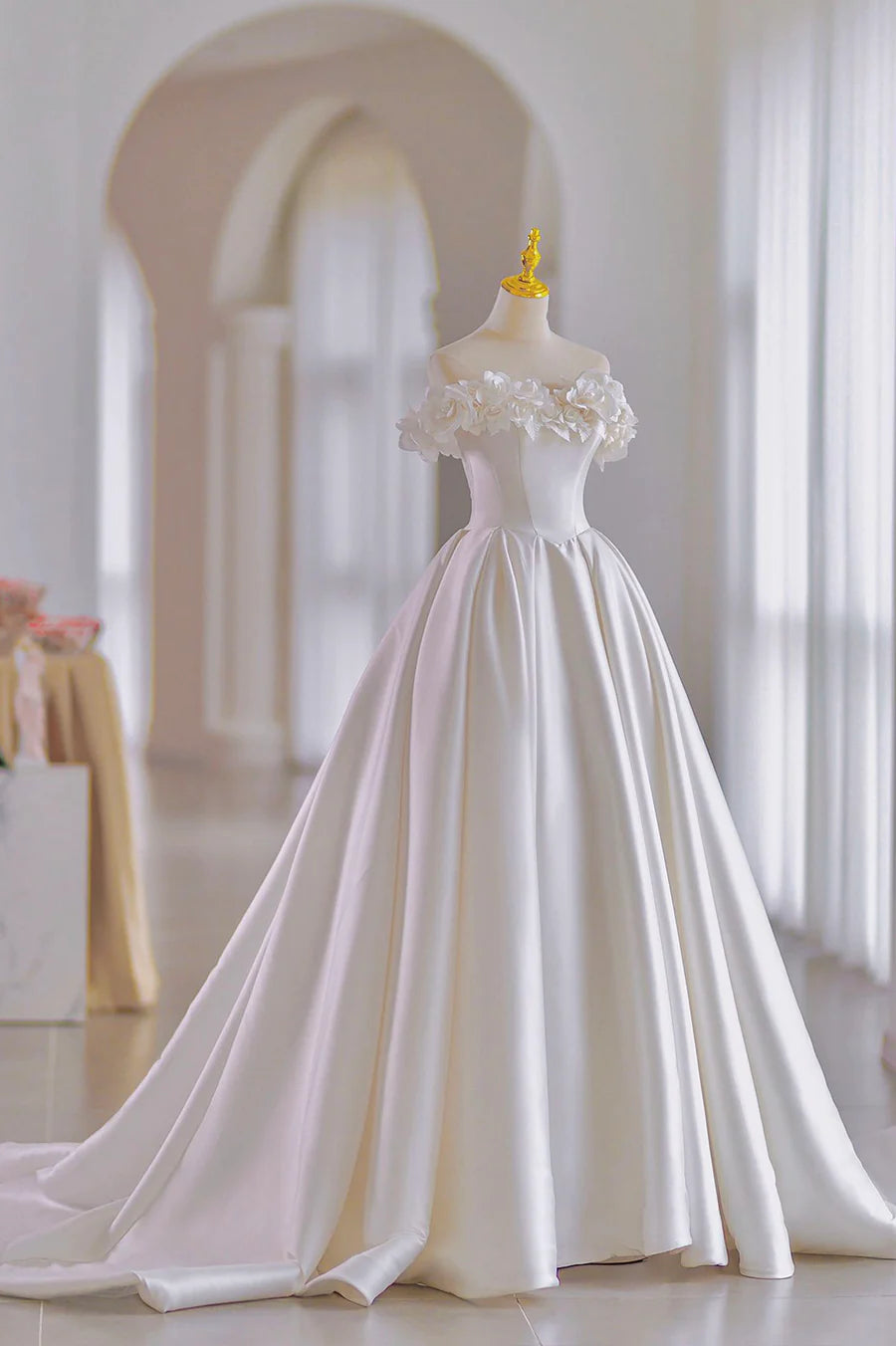 White Satin Long Ball Gown, A-Line Flower Wedding Gown with Bow TP952