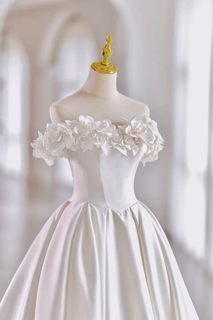 White Satin Long Ball Gown, A-Line Flower Wedding Gown with Bow TP952