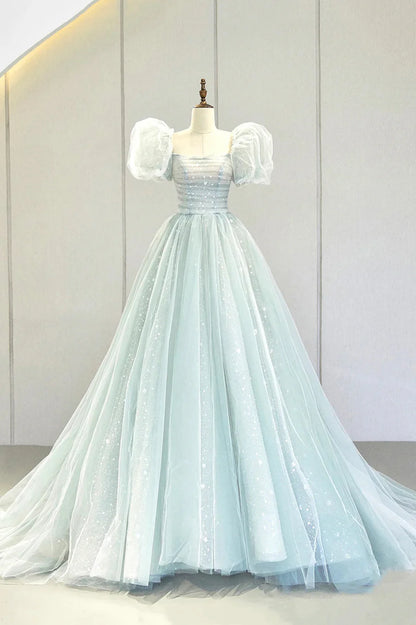 Lovely Puff Sleeve Tulle Formal Evening Gown, A-Line Long Prom Dress TP955