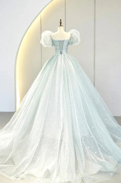 Lovely Puff Sleeve Tulle Formal Evening Gown, A-Line Long Prom Dress TP955