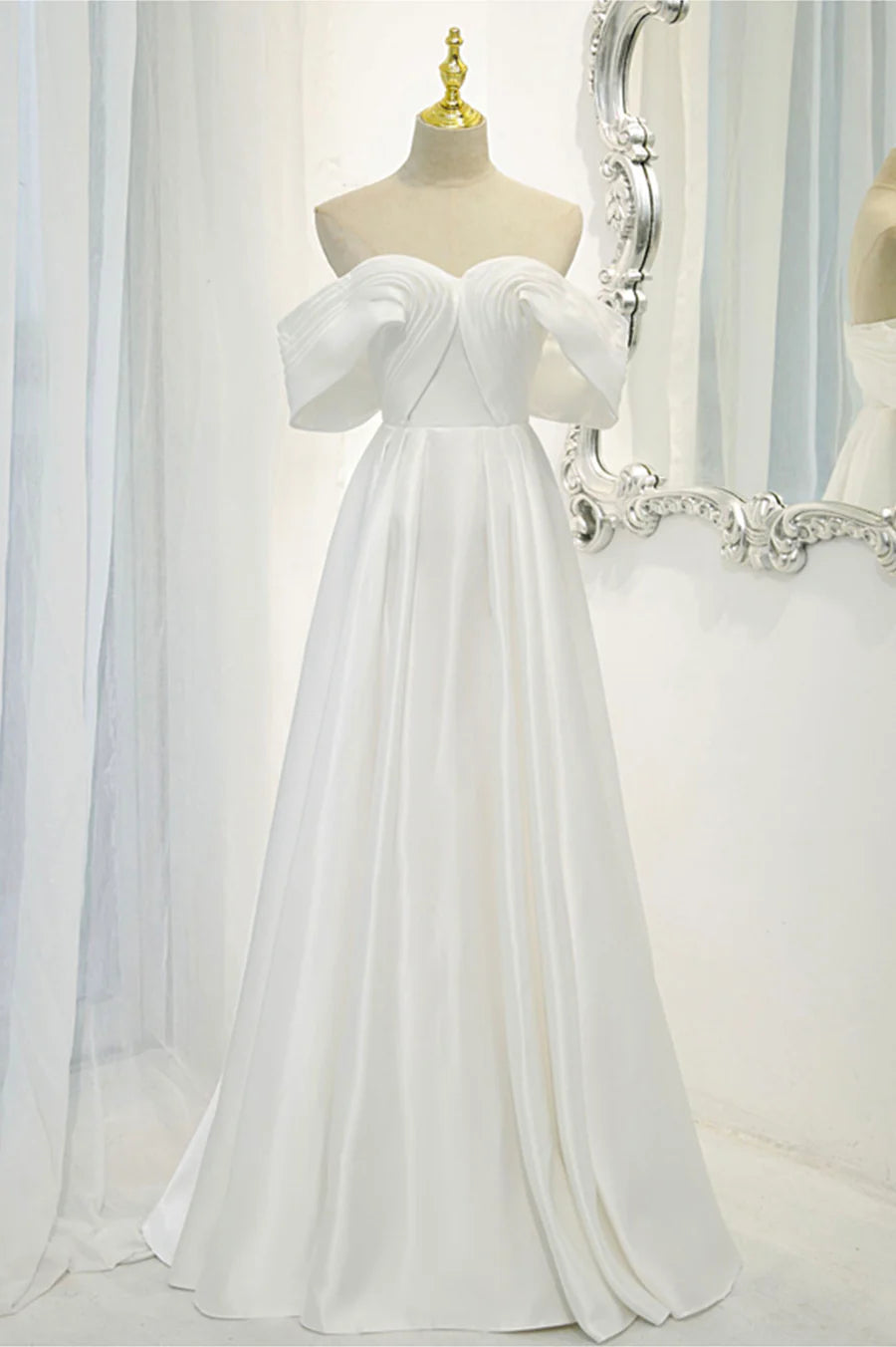 White Satin Long Prom Dress, Off the Shoulder Evening Dress TP957