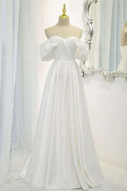 White Satin Long Prom Dress, Off the Shoulder Evening Dress TP957