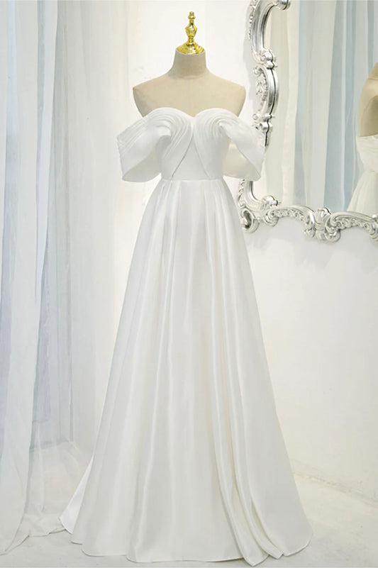 White Satin Long Prom Dress, Off the Shoulder Evening Dress TP957