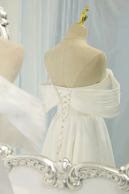 White Satin Long Prom Dress, Off the Shoulder Evening Dress TP957