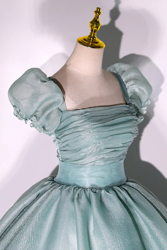 Green Tulle Floor Length Prom Dress, Lovely Short Sleeve Formal Evening Gown TP962