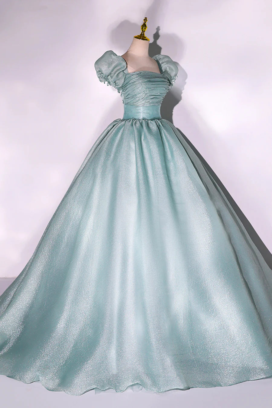Green Tulle Floor Length Prom Dress, Lovely Short Sleeve Formal Evening Gown TP962