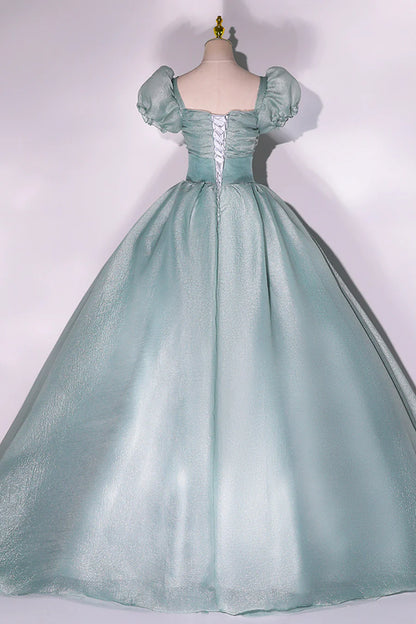 Green Tulle Floor Length Prom Dress, Lovely Short Sleeve Formal Evening Gown TP962