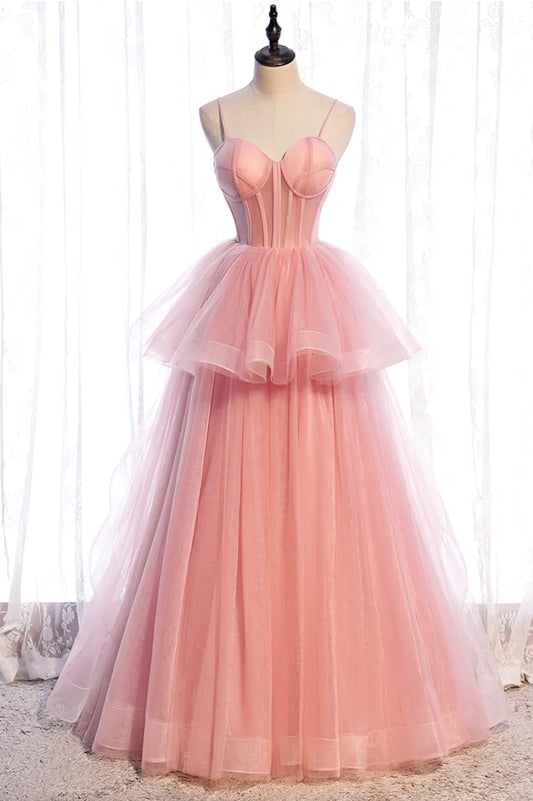 Pink Tulle Long Prom Dresses, A-Line Evening Dresses TP964
