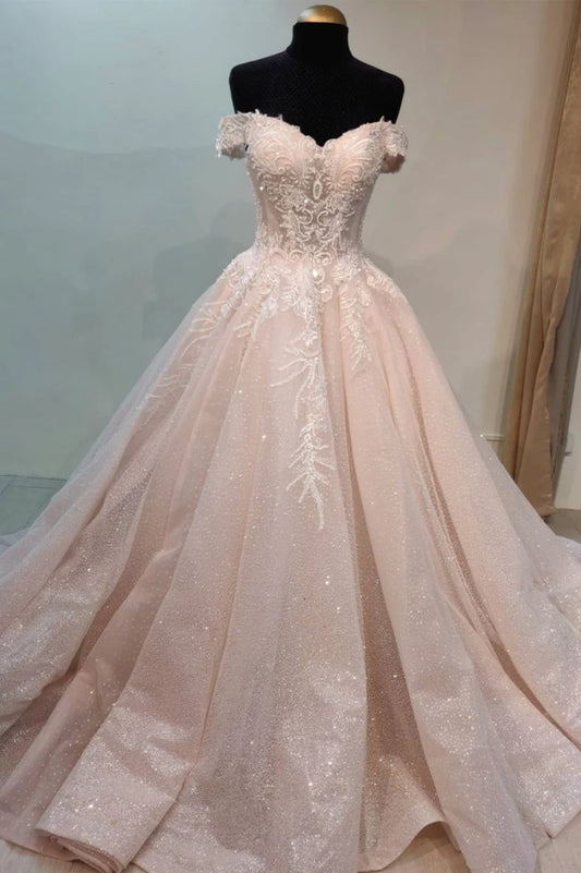 Pink Lace Long Prom Dresses, A-Line Off the Shoulder Evening Dresses TP965