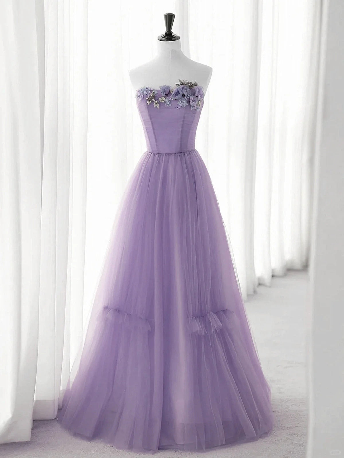 Cute Purple Tulle A-line Long Prom Dress with Flowers, Purple Tulle Party Dress TP969
