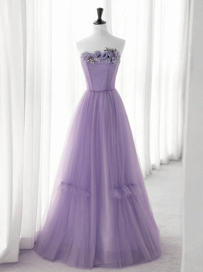 Cute Purple Tulle A-line Long Prom Dress with Flowers, Purple Tulle Party Dress TP969