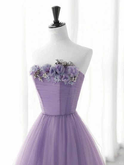 Cute Purple Tulle A-line Long Prom Dress with Flowers, Purple Tulle Party Dress TP969