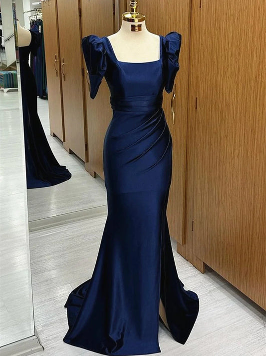 Dark Blue Blue Long Mermaid Prom Dress with Slit, Dark Blue Party Dress TP971