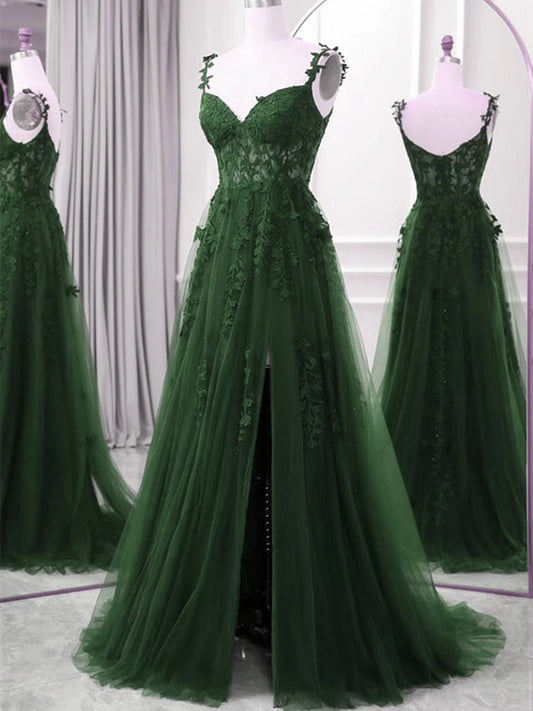 Green A-line Tulle with Lace Straps Floor Length Party Dress, Green Tulle Prom Dress TP972