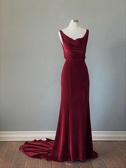 Wine Red Velvet Backless Straps Prom Dress, Wine Red Velvet Party Dress TP975