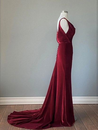 Wine Red Velvet Backless Straps Prom Dress, Wine Red Velvet Party Dress TP975