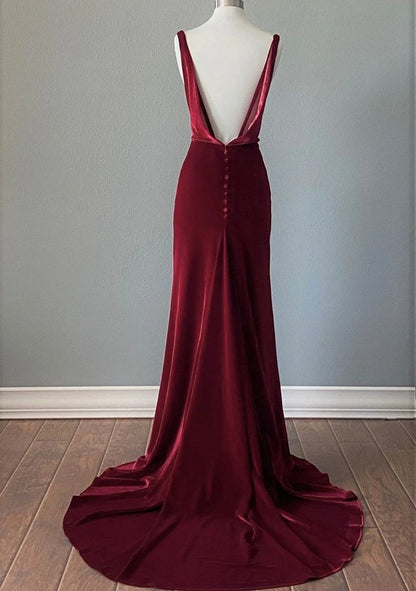 Wine Red Velvet Backless Straps Prom Dress, Wine Red Velvet Party Dress TP975