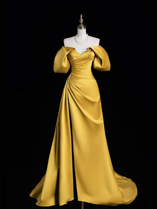 Gold Satin Off Shoulder A-line Party Dress Prom Dress, Gold Satin Party Dress TP977