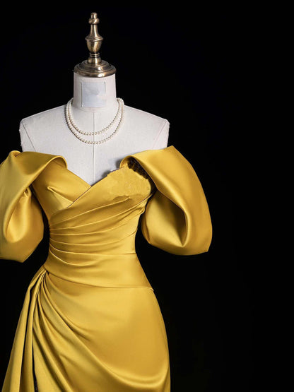 Gold Satin Off Shoulder A-line Party Dress Prom Dress, Gold Satin Party Dress TP977