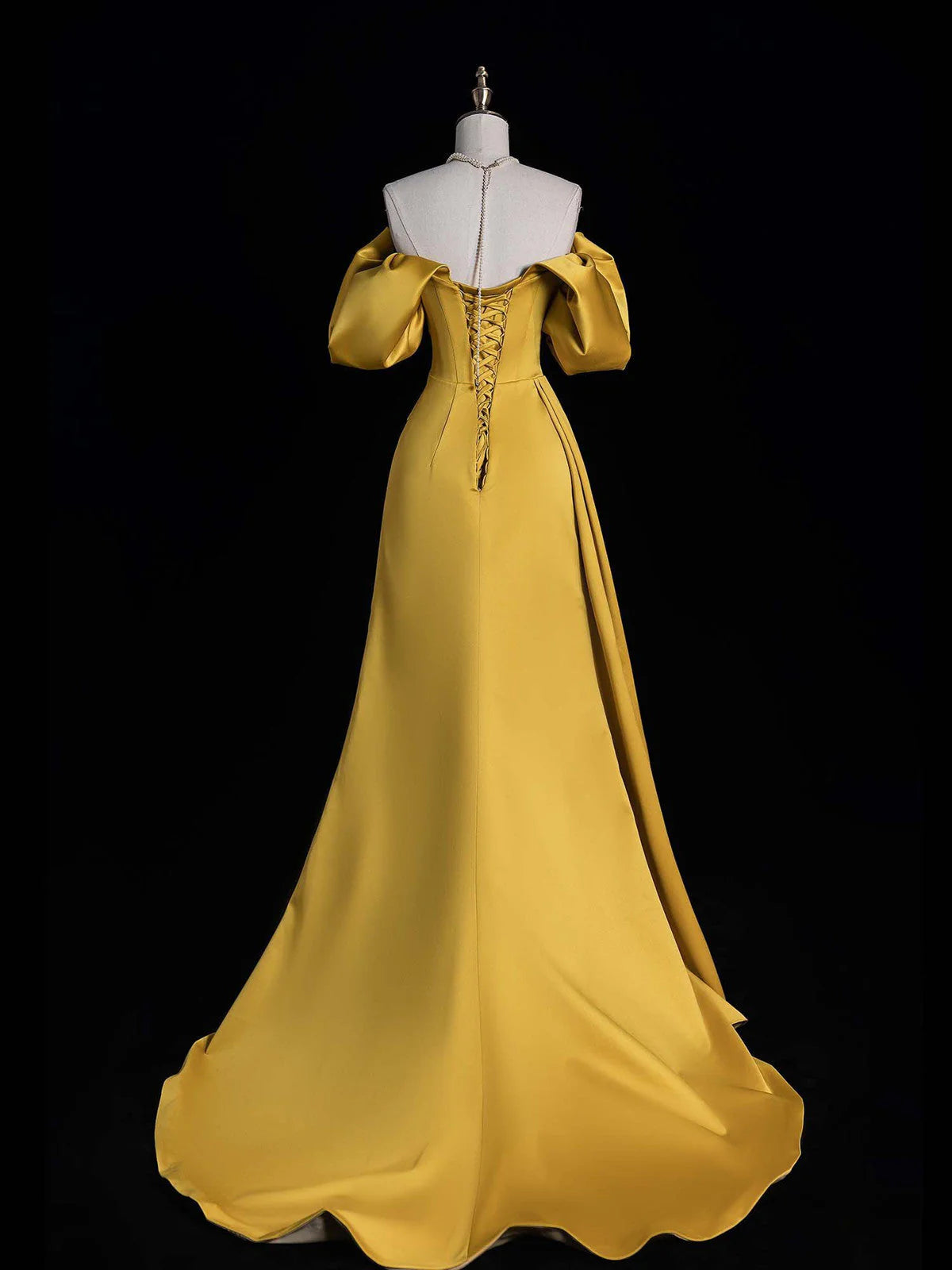 Gold Satin Off Shoulder A-line Party Dress Prom Dress, Gold Satin Party Dress TP977