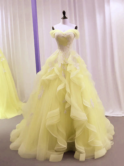 Yellow Tulle with Lace Sweetheart Long Formal Dress, Yellow Tulle Prom Dress TP978