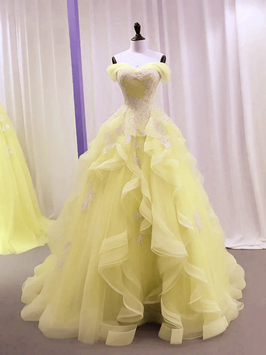 Yellow Tulle with Lace Sweetheart Long Formal Dress, Yellow Tulle Prom Dress TP978