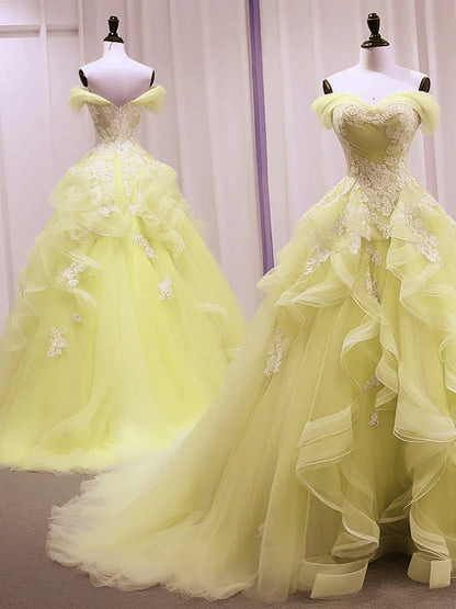 Yellow Tulle with Lace Sweetheart Long Formal Dress, Yellow Tulle Prom Dress TP978