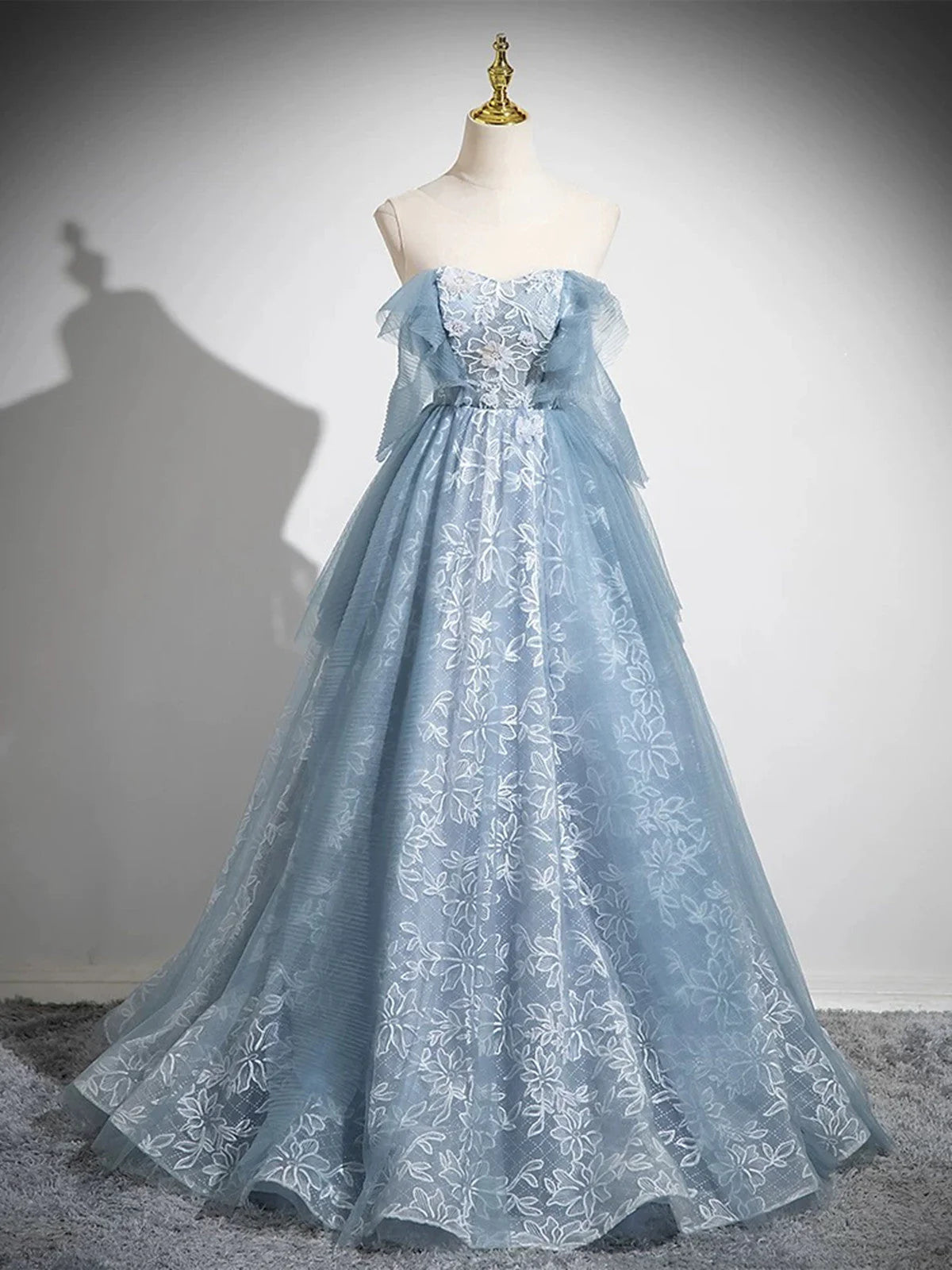 Light Blue A-line Lace and Tulle Long Party Dress, Blue Round Neckline Prom Dress TP979