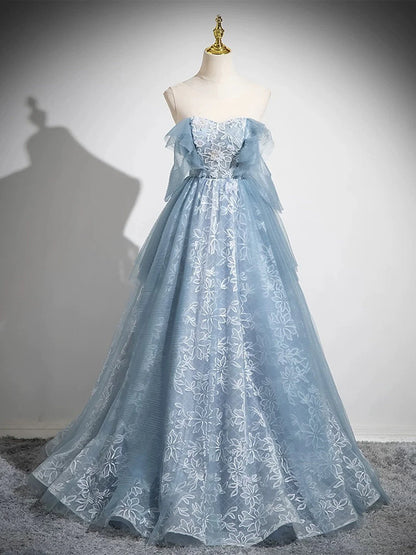 Light Blue A-line Lace and Tulle Long Party Dress, Blue Round Neckline Prom Dress TP979