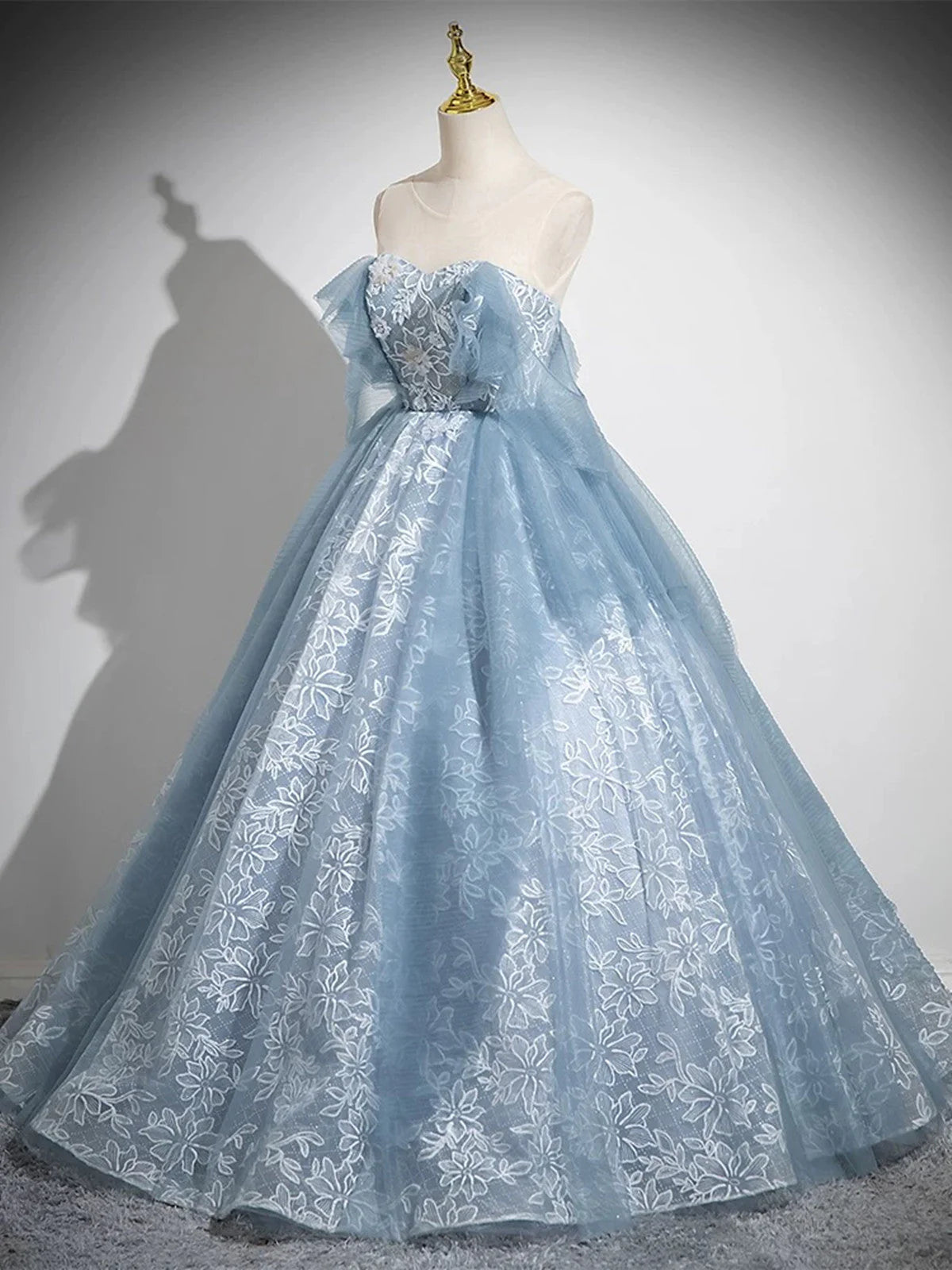 Light Blue A-line Lace and Tulle Long Party Dress, Blue Round Neckline Prom Dress TP979