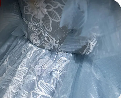 Light Blue A-line Lace and Tulle Long Party Dress, Blue Round Neckline Prom Dress TP979