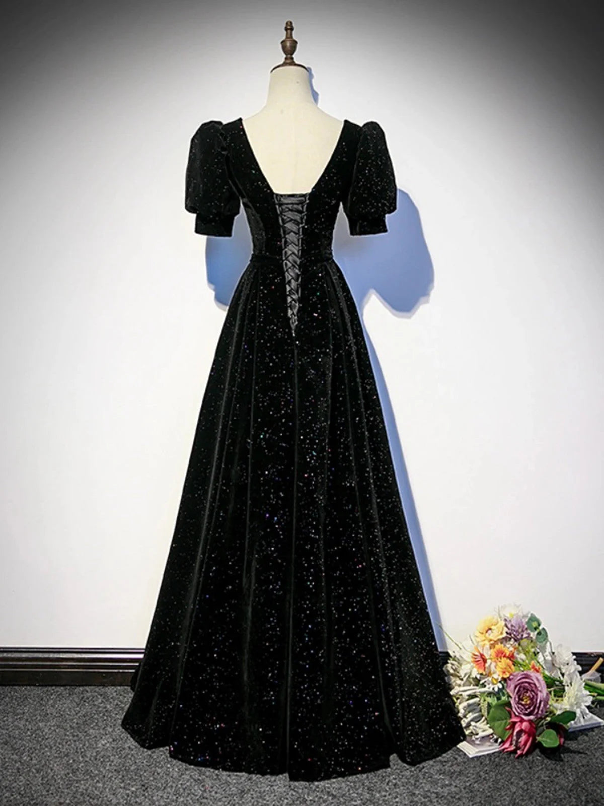 Black A-line Velvet Long Prom Dress Party Dress, Black Short Sleeves Prom Dress TP981