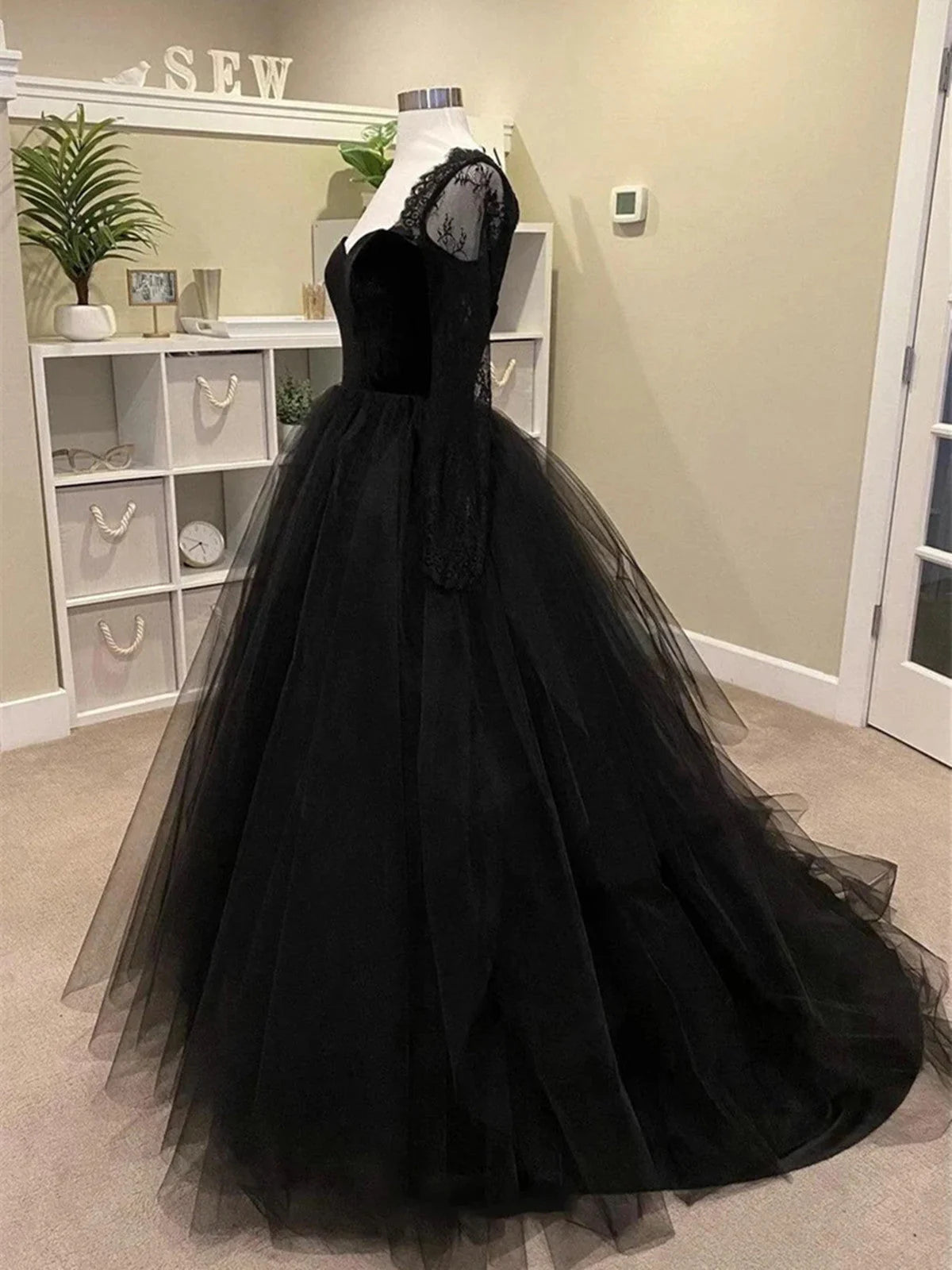 Black A-line Long Lace Sleeves Tulle Formal Dress, Black Prom Dress Party Dress TP982