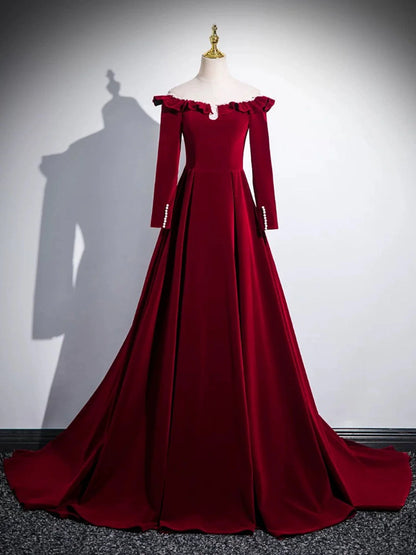 A-line Wine Red Velvet Long Sleeves Low Back Prom Dress, Wine Red Party Dress TP983