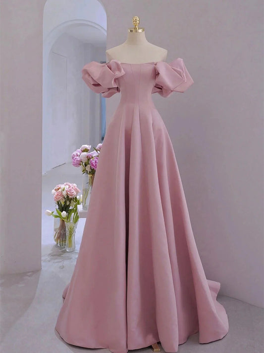 Pink Satin A-line Floor Length Party Dress, Pink Satin Short Sleeves Prom Dress TP984