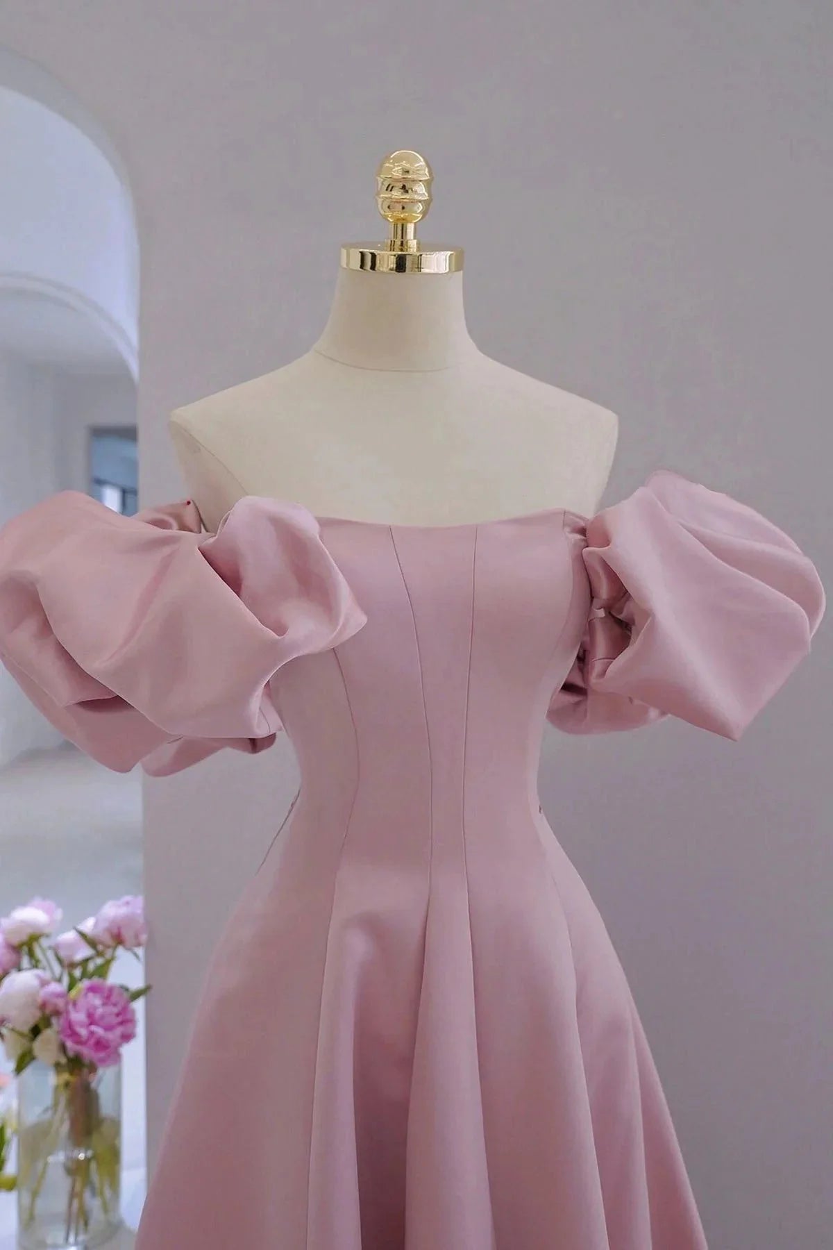Pink Satin A-line Floor Length Party Dress, Pink Satin Short Sleeves Prom Dress TP984