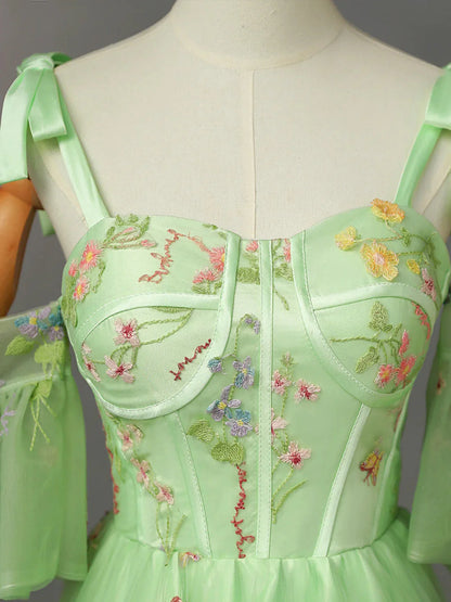Light Green Tulle Floral Straps Long Formal Dress, Light Green Prom Dress TP987