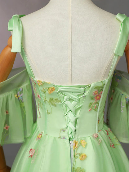 Light Green Tulle Floral Straps Long Formal Dress, Light Green Prom Dress TP987