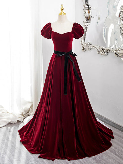 Wine Red Velvet Short Sleeves A-line Prom Dress, Wine Red Long Party Dress TP988