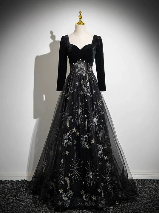 Black Long Sleeves Velet and Tulle Party Dress, Black Sweetheart Prom Dress TP989