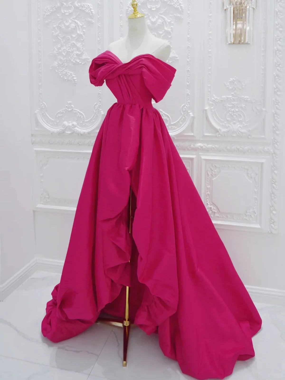 Fuchsia High Low Off Shoulder Party Dress, High Low Prom Dress Formal Dress TP990