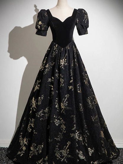 Black A-line Short Sleeves Sweetheart Floral Long PartY Dress, Black Prom Dress TP991