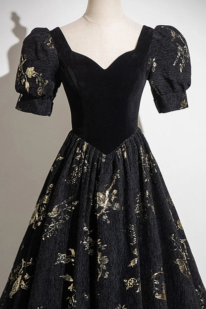 Black A-line Short Sleeves Sweetheart Floral Long PartY Dress, Black Prom Dress TP991
