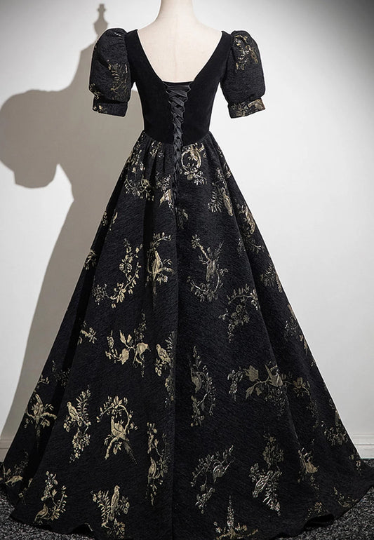 Black A-line Short Sleeves Sweetheart Floral Long PartY Dress, Black Prom Dress TP991
